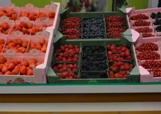 Wide pallet of soft fruit at The Greenery, with fresh strawberries from Dutch winter crops from Nursery Loos.
